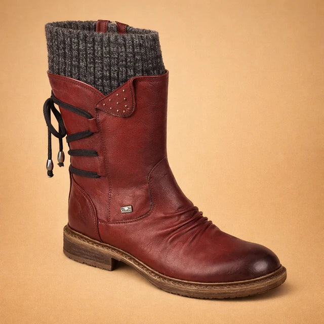 Lace-up women's mid-calf winter boots, warm & cozy with soft knitted cuffs, slip-resistant.