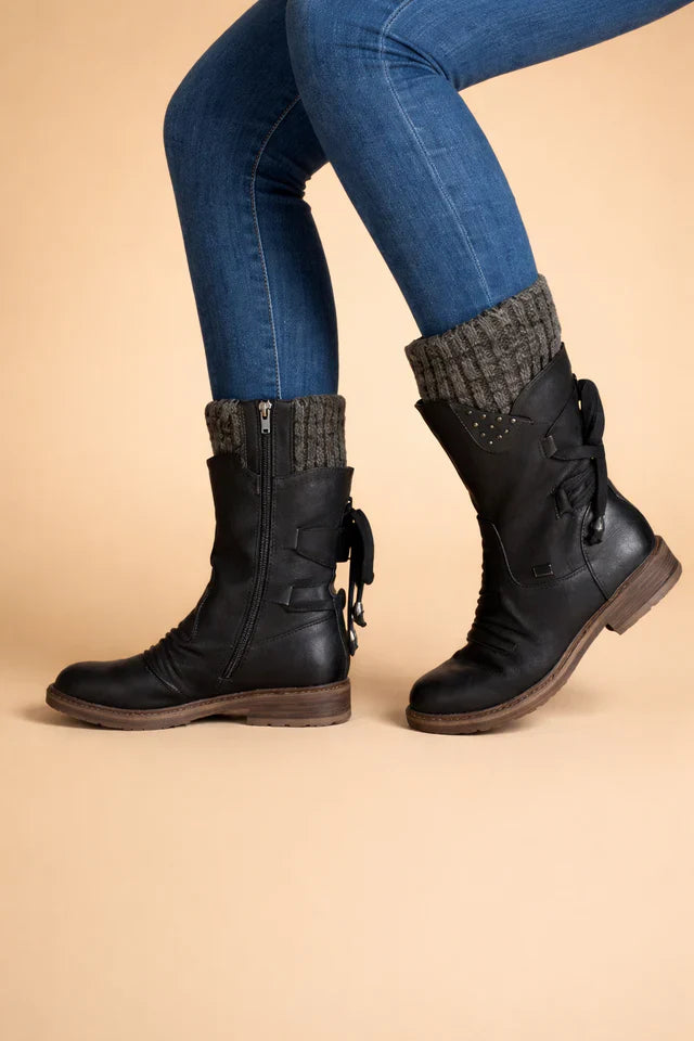 Fashionable women's mid-calf boots, knitted cuffs, warm & slip-resistant for cold weather.