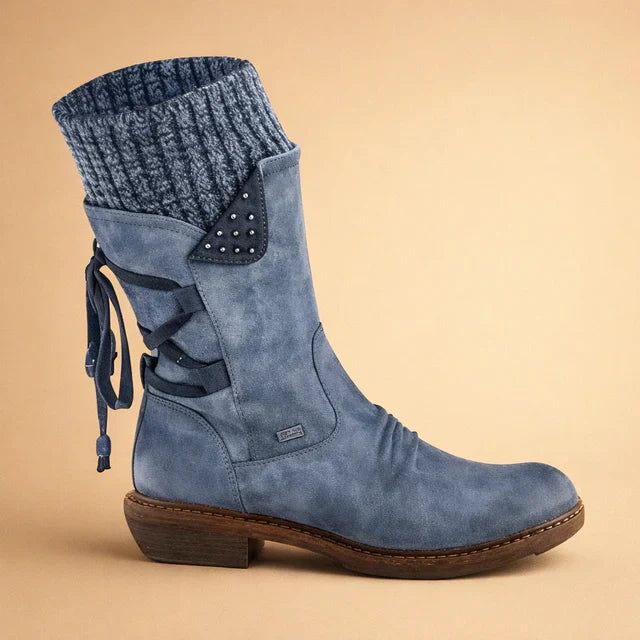 Stylish women's mid-calf winter boots, lace-up design, cozy knitted cuffs & slip-resistant tread.