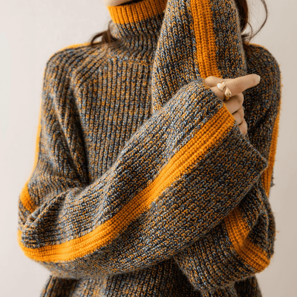 Women's cozy mixed knit turtleneck sweater. Stylish and warm long sleeve top for fall & winter fashion.