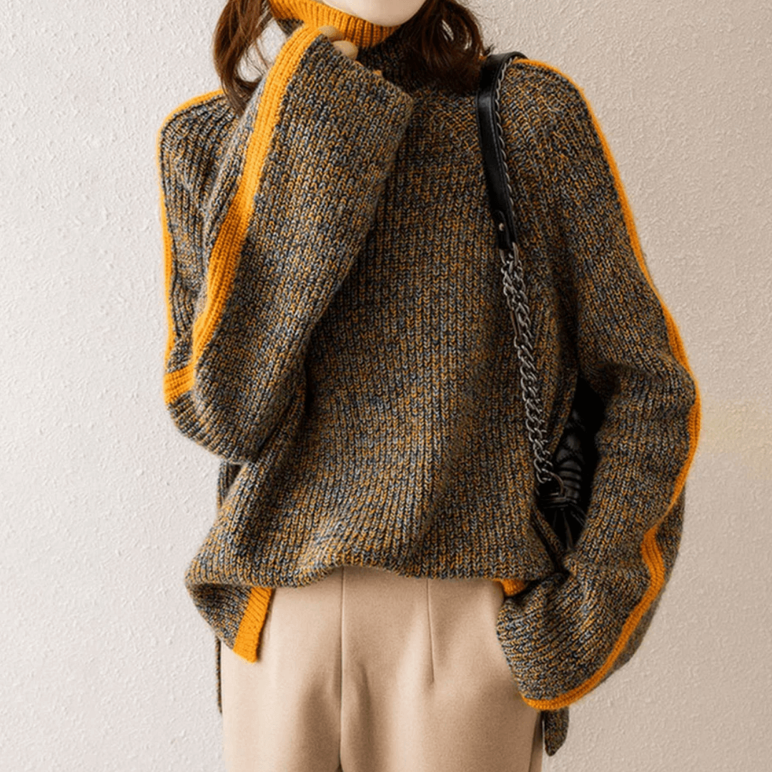 Effortless women's mixed knit turtleneck sweater, perfect for cozy casual wear. Warm and stylish winter apparel.