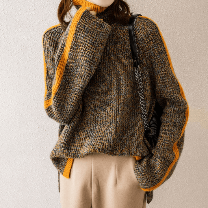 Effortless women's mixed knit turtleneck sweater, perfect for cozy casual wear. Warm and stylish winter apparel.