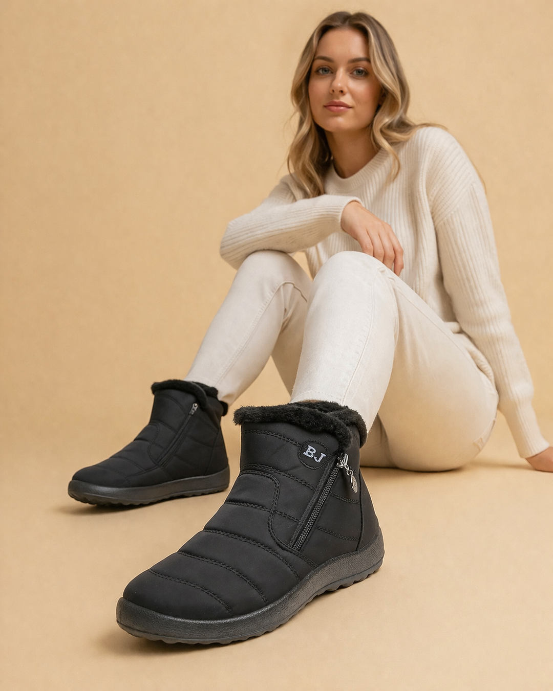 Round toe women's non-slip winter boots with cozy lining & side zip. Waterproof snow shoes.