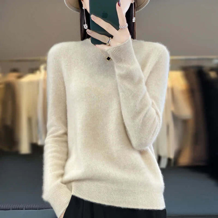Premium women's cozy O-neck knit sweater, perfect for layering in winter fashion.