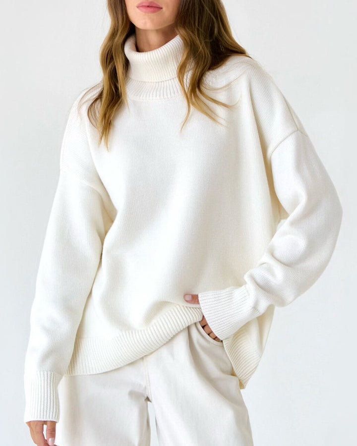 Women's cozy oversized roll neck jumper in a soft knit, perfect for winter casual wear.