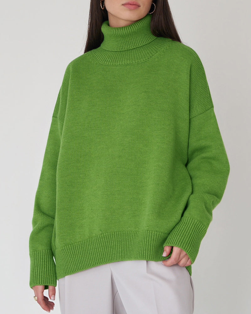 Soft knit women's oversized jumper, a stylish roll neck sweater perfect for cozy casual autumn/winter.
