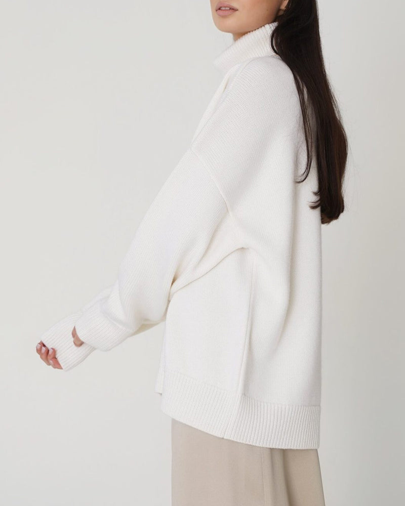 Oversized women's roll neck sweater, a warm & cozy knit jumper for effortless casual style.