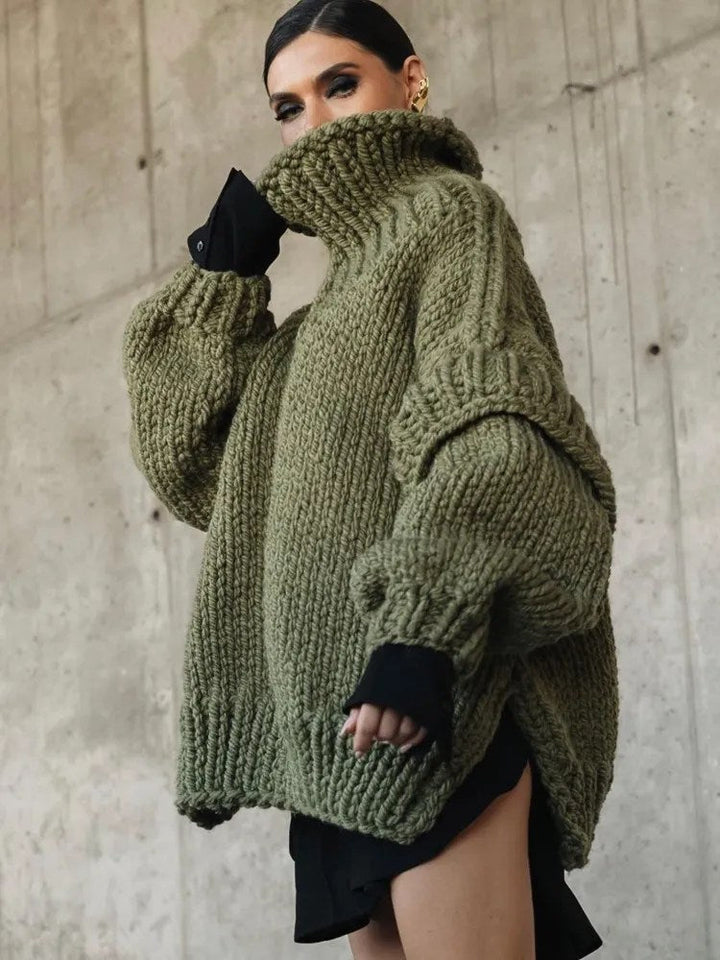 Elegant women's oversized turtleneck sweater dress, a comfy long sleeve mini perfect for fall fashion.