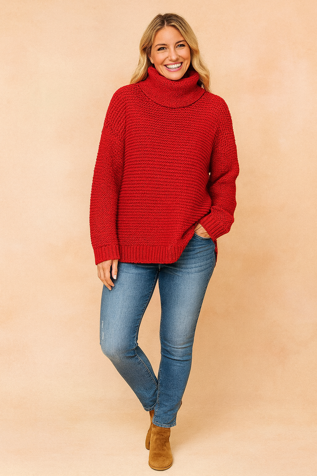 Chic women's oversized green turtleneck sweater. Comfortable, cozy knit top, ideal for relaxed winter fashion.