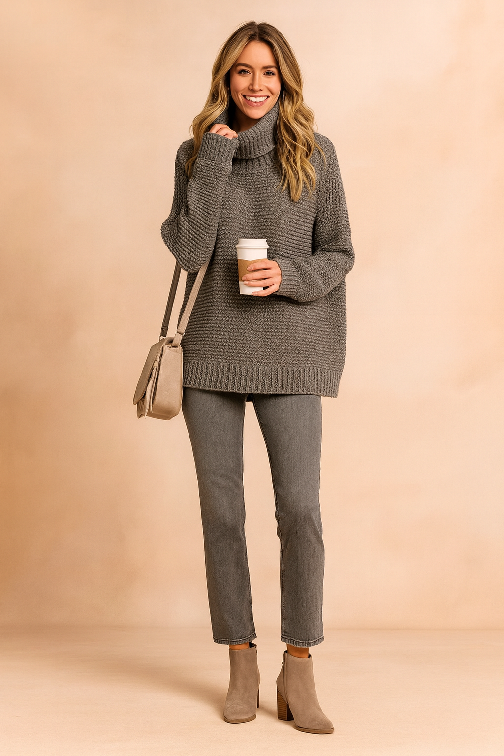 Stylish women's oversized khaki turtleneck pullover. Warm knit sweater for effortless fall & winter comfort.