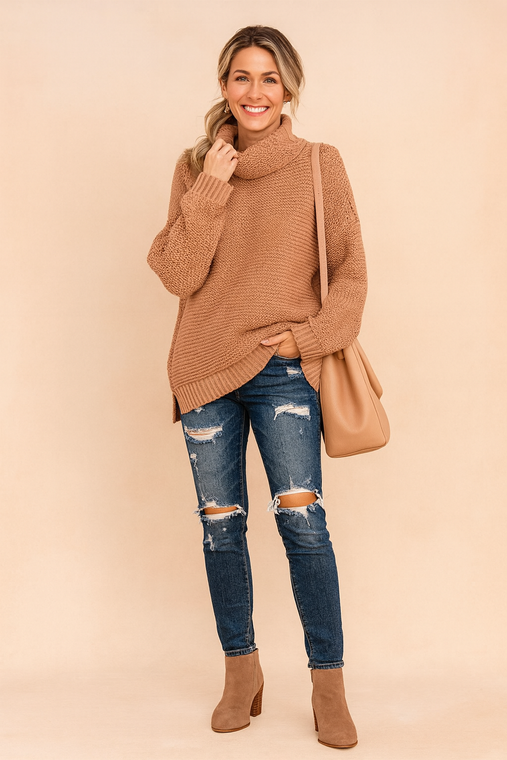 Cozy women's oversized red turtleneck sweater. Soft, warm knit top for comfortable everyday fall & winter style.