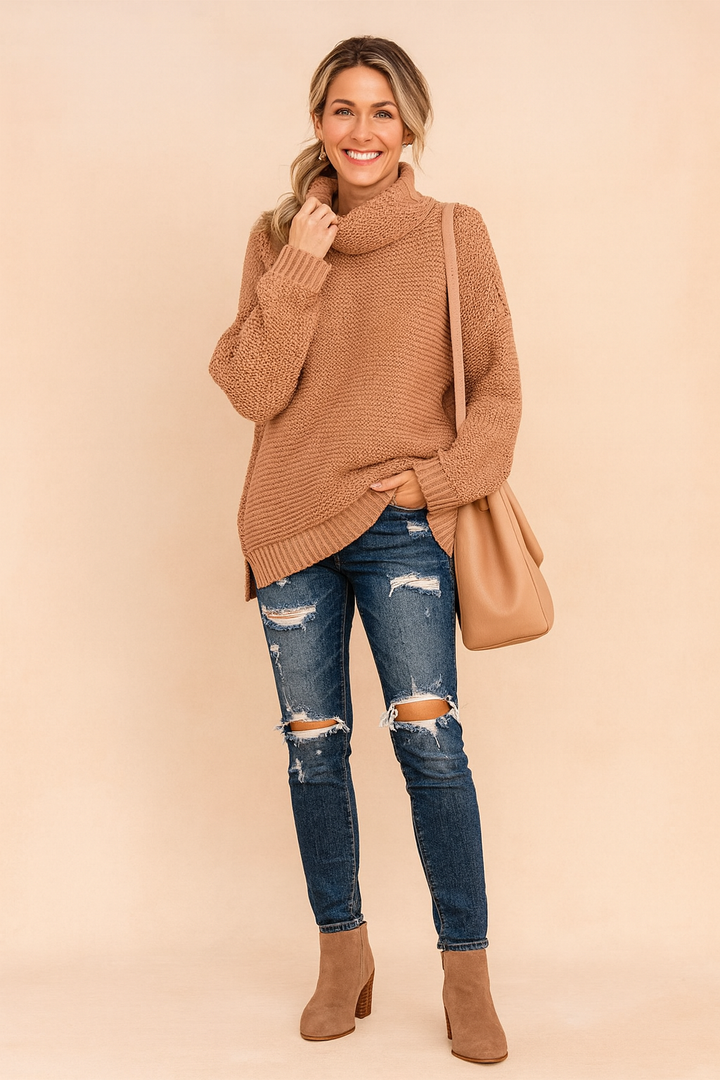 Cozy women's oversized red turtleneck sweater. Soft, warm knit top for comfortable everyday fall & winter style.