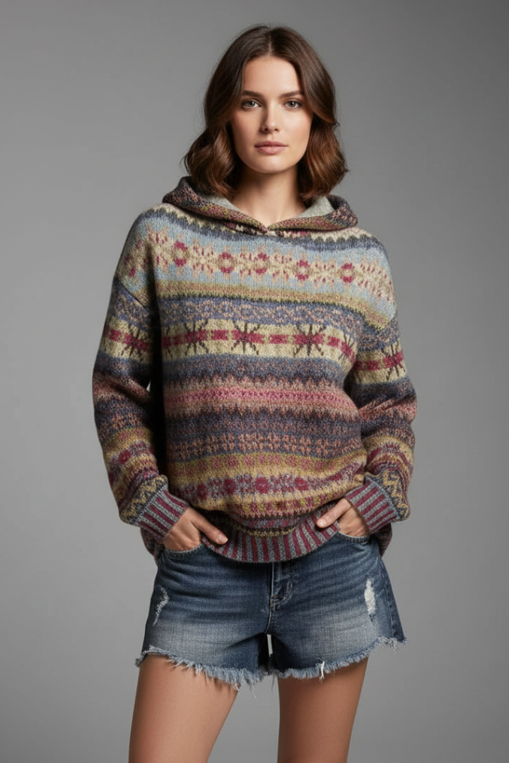 Stylish women's patterned pullover hoodie. Cozy long-sleeve design ideal for everyday winter layering.
