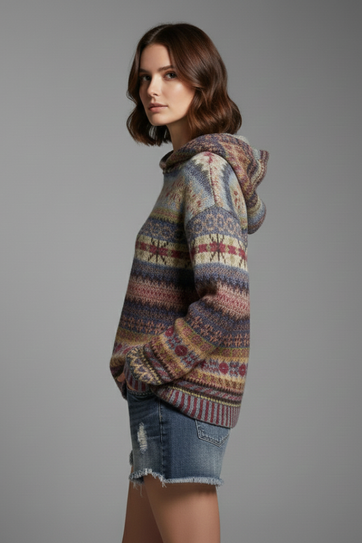 Soft, cozy patterned women's hoodie featuring a warm hood and comfortable ribbed cuffs. Casual winter essential.