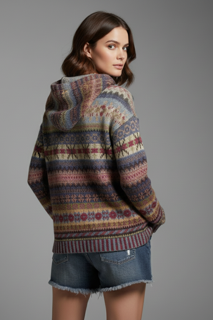 Casual women's patterned hoodie. Long sleeve pullover with hood & ribbed cuffs for stylish everyday comfort.