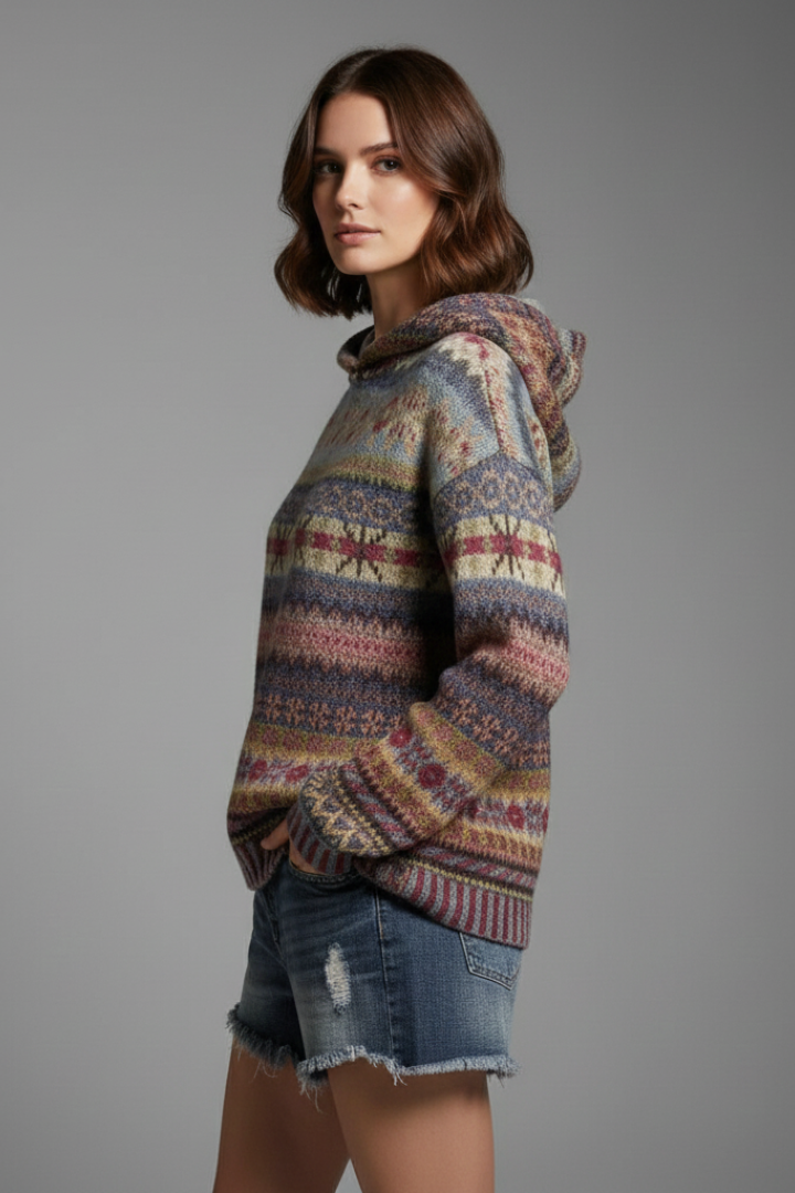 A close-up of a women's patterned winter hoodie. Shows soft fabric, hood, and textured ribbed cuffs.