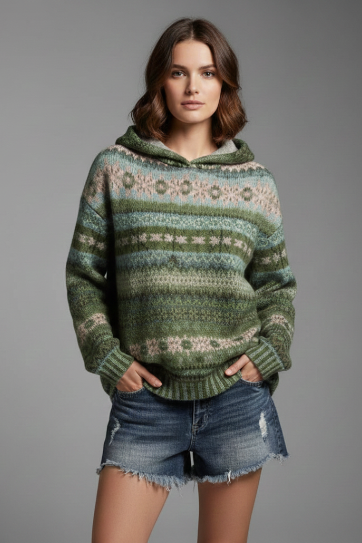 Woman wearing a cozy patterned pullover hoodie. Hood up, showing ribbed cuffs, ideal for casual winter.