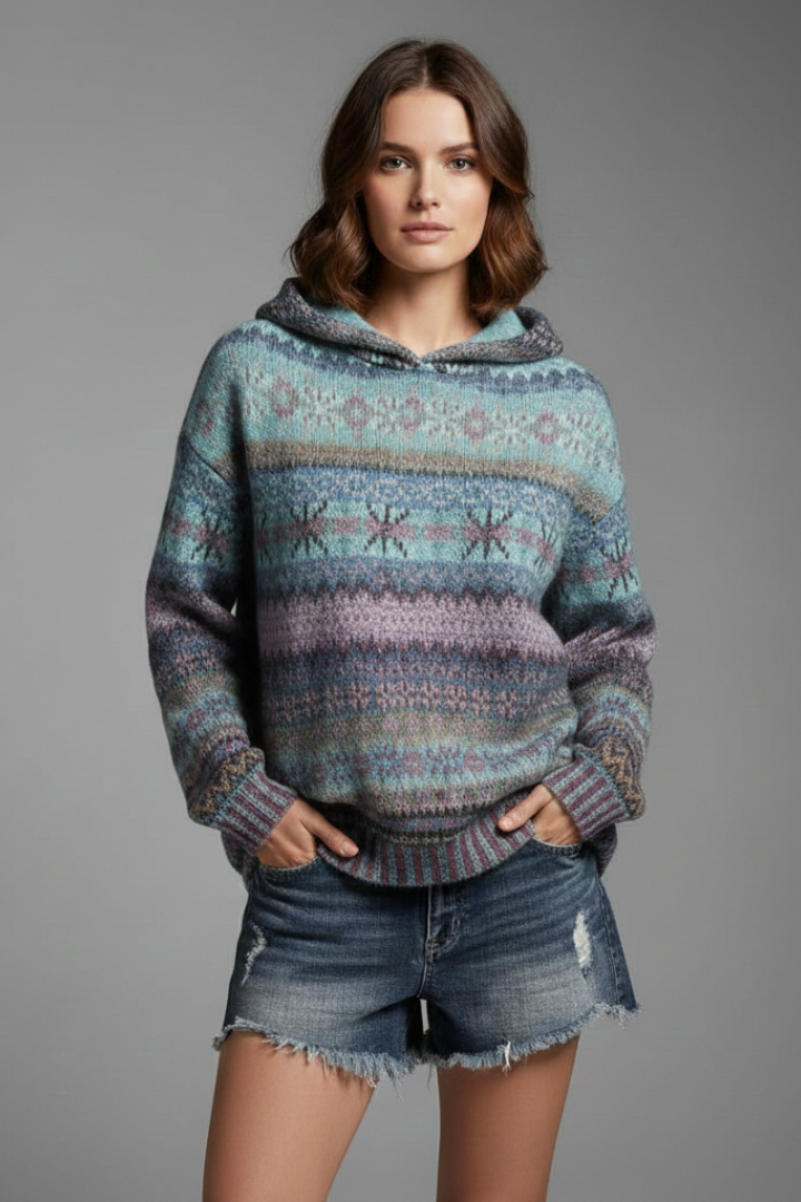 Women's long-sleeve patterned hoodie. Features a warm hood, stylish design, and snug ribbed cuffs.