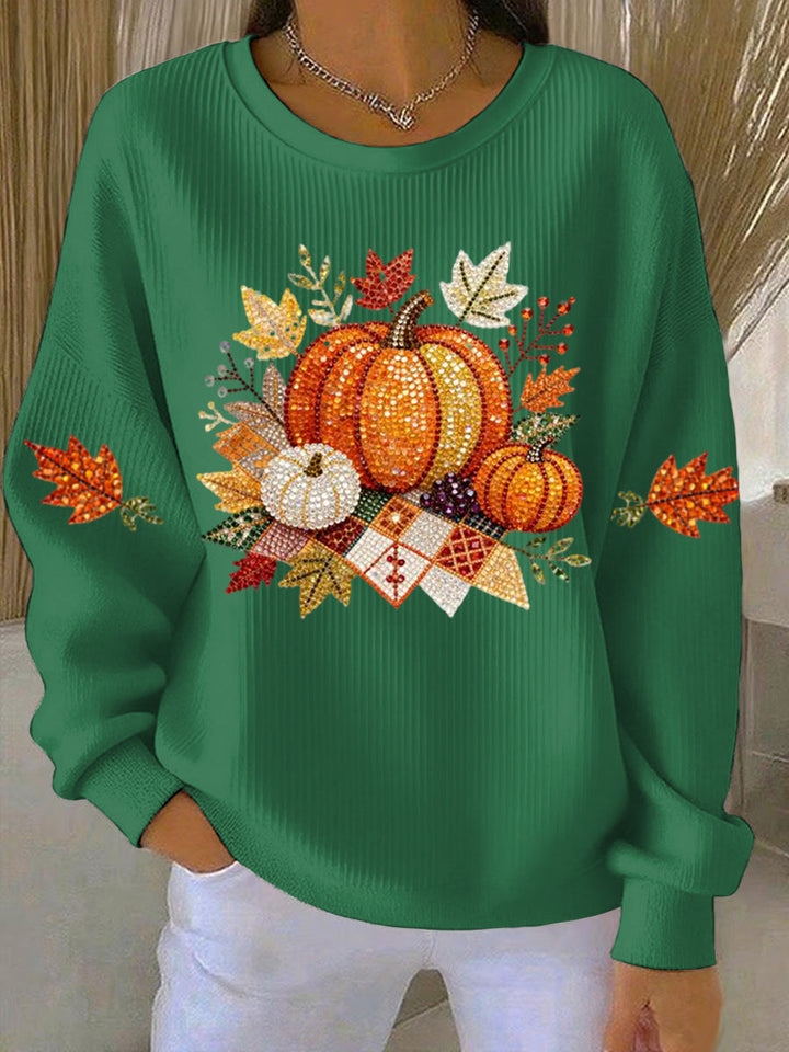 Seasonal women's casual pumpkin graphic sweatshirt, combining cozy feel with autumn style.