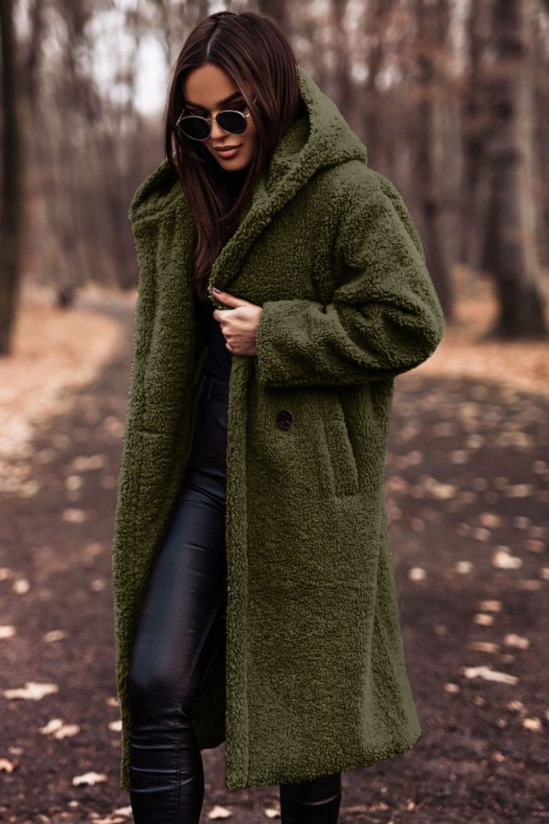 Cozy women's relaxed fit hooded teddy coat, perfect winter outerwear with patch pockets for comfort.