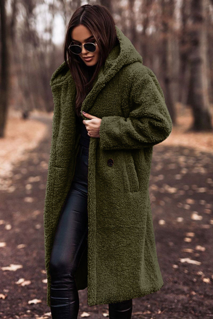 Cozy women's relaxed fit hooded teddy coat, perfect winter outerwear with patch pockets for comfort.