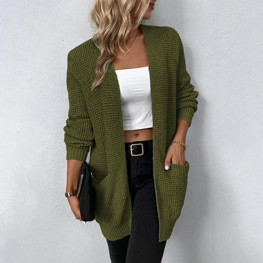 Stylish women's long relaxed fit cardigan, perfect for casual layering. Open front design with practical pockets.