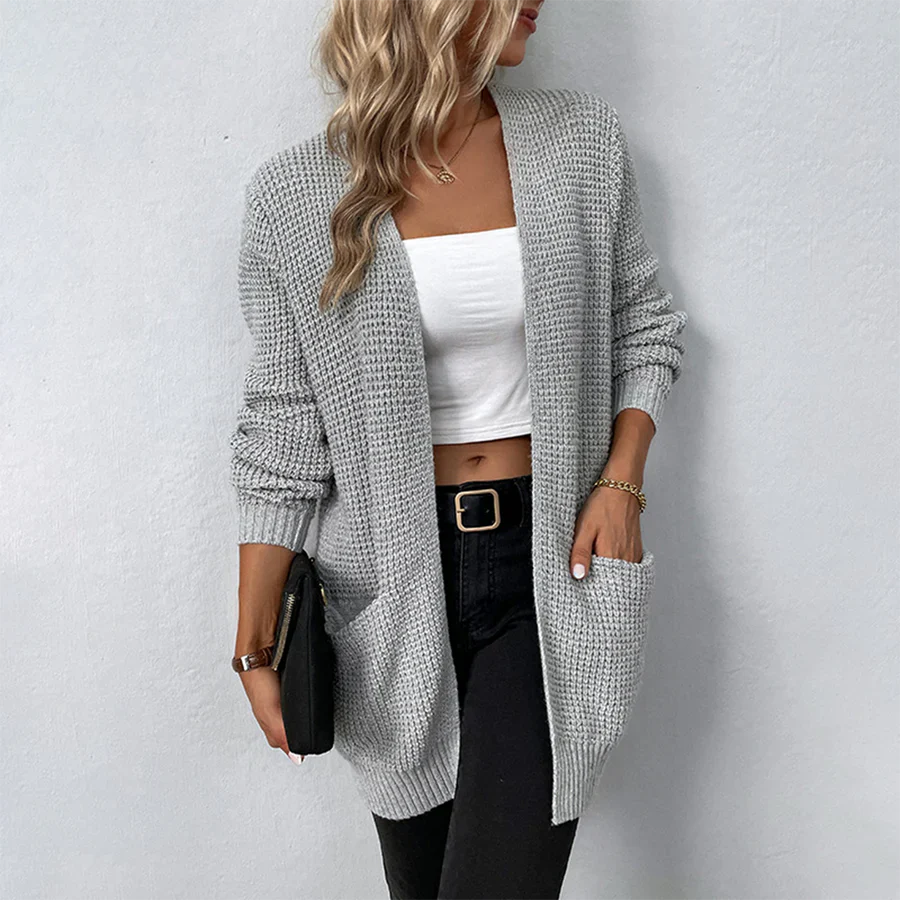 Comfortable women's long cardigan, relaxed fit & cozy for fall fashion. Everyday open front style with pockets.