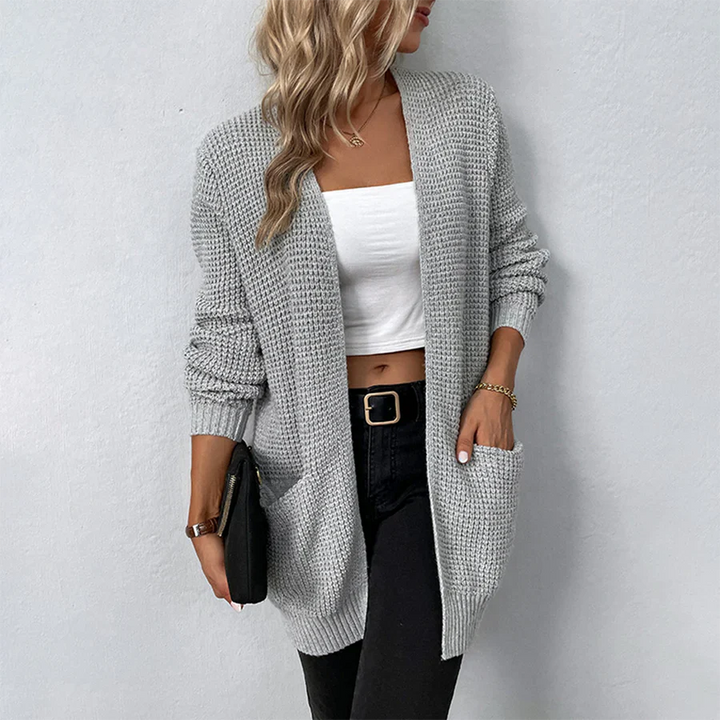 Comfortable women's long cardigan, relaxed fit & cozy for fall fashion. Everyday open front style with pockets.