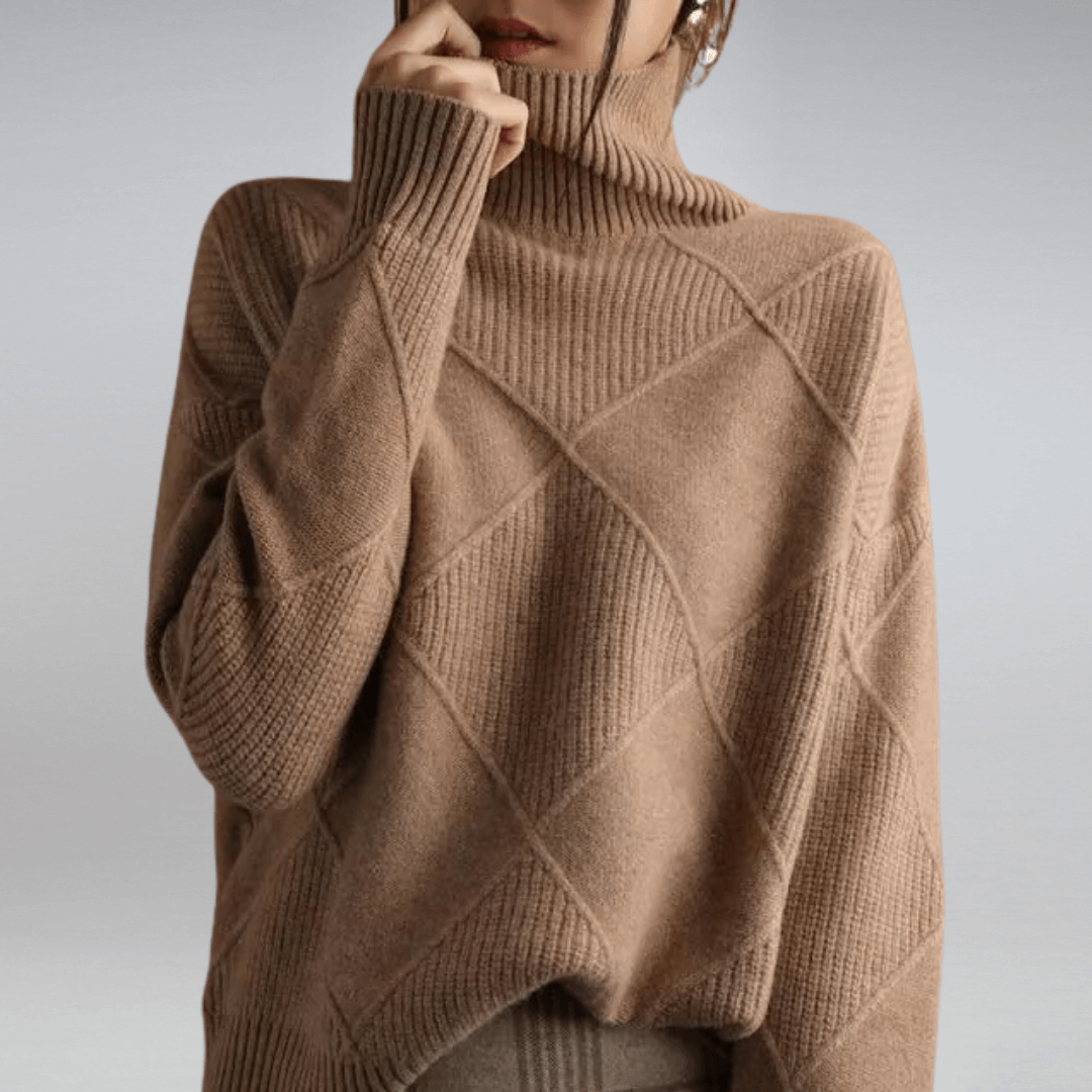 Comfortable women's relaxed fit turtleneck sweater. Cozy knit pullover for casual chic and everyday wear.