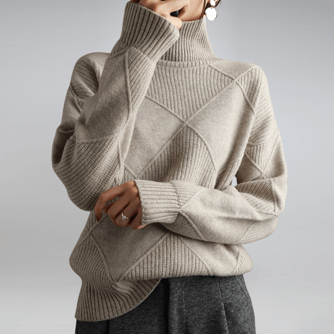 Cozy knit women's relaxed turtleneck sweater. A warm and comfortable pullover for cold weather.