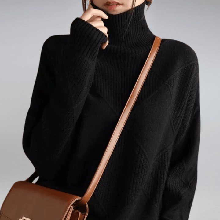 Women's cozy relaxed fit turtleneck sweater, an elegant pullover for comfortable winter fashion.