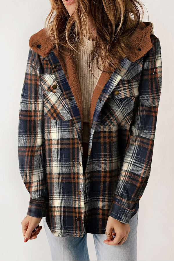 Women's cozy Sherpa lined hooded flannel jacket, perfect for warm autumn and winter casual outerwear.