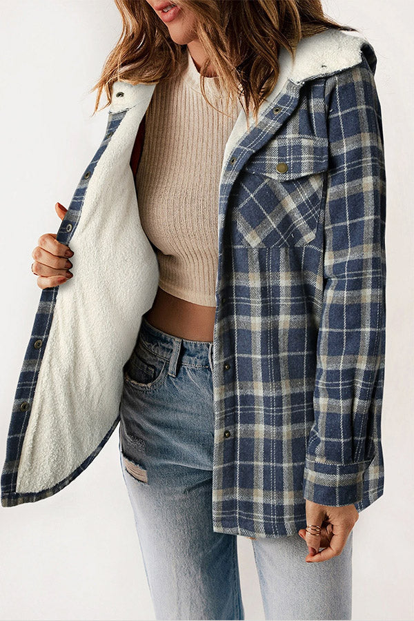 Stylish women's hooded flannel jacket, Sherpa lined, warm and cozy, perfect autumn outerwear.