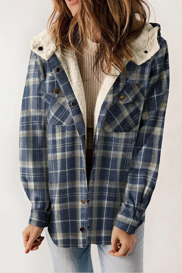 Stylish women's Sherpa lined flannel jacket with a cozy hood and convenient pockets, great for fall.