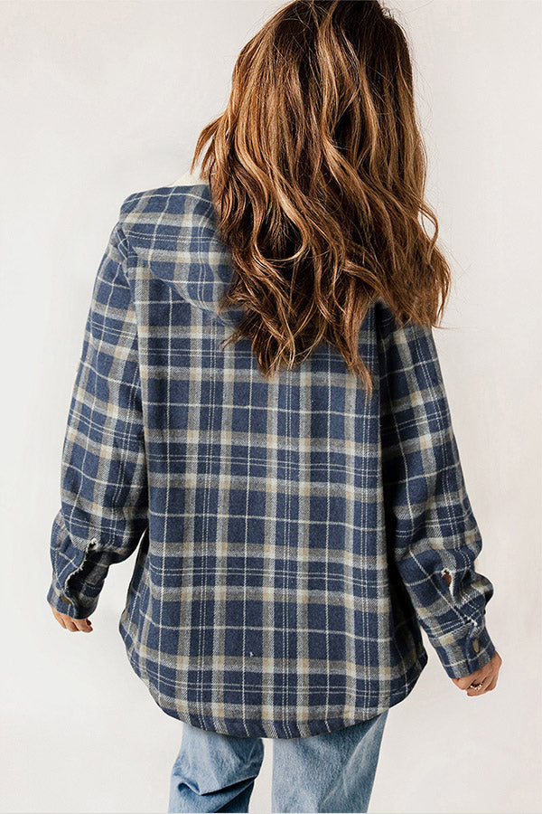 Warm women's casual outerwear: plaid flannel jacket with soft Sherpa lining and comfortable hood.
