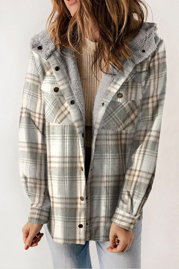 Autumn winter women's hooded flannel jacket, Sherpa lined for extra warmth, with classic plaid pattern.
