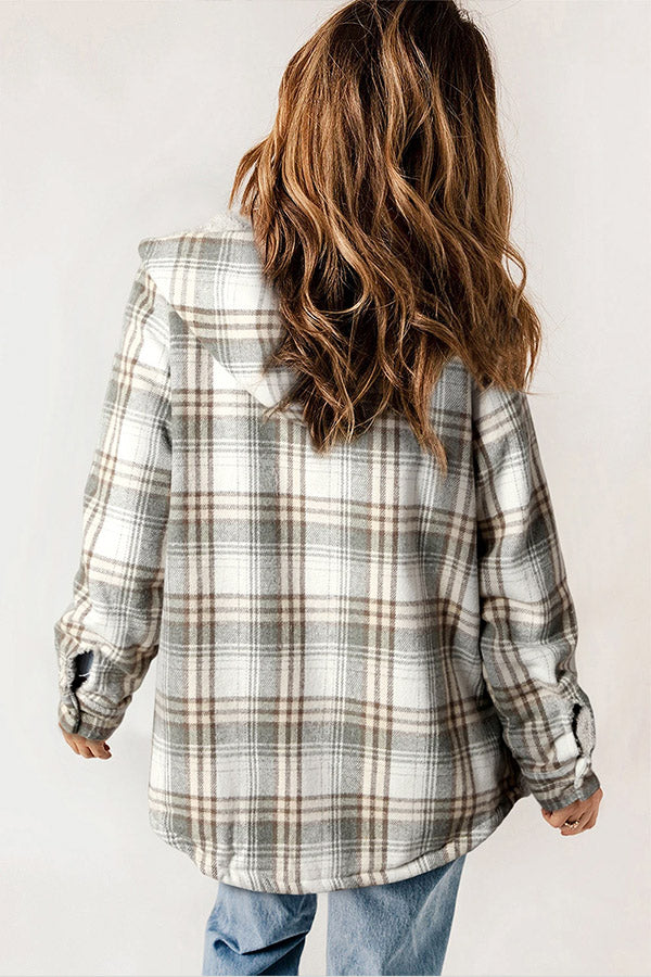 Cozy women's button-up flannel jacket, Sherpa lined hood, perfect casual outerwear with pockets.