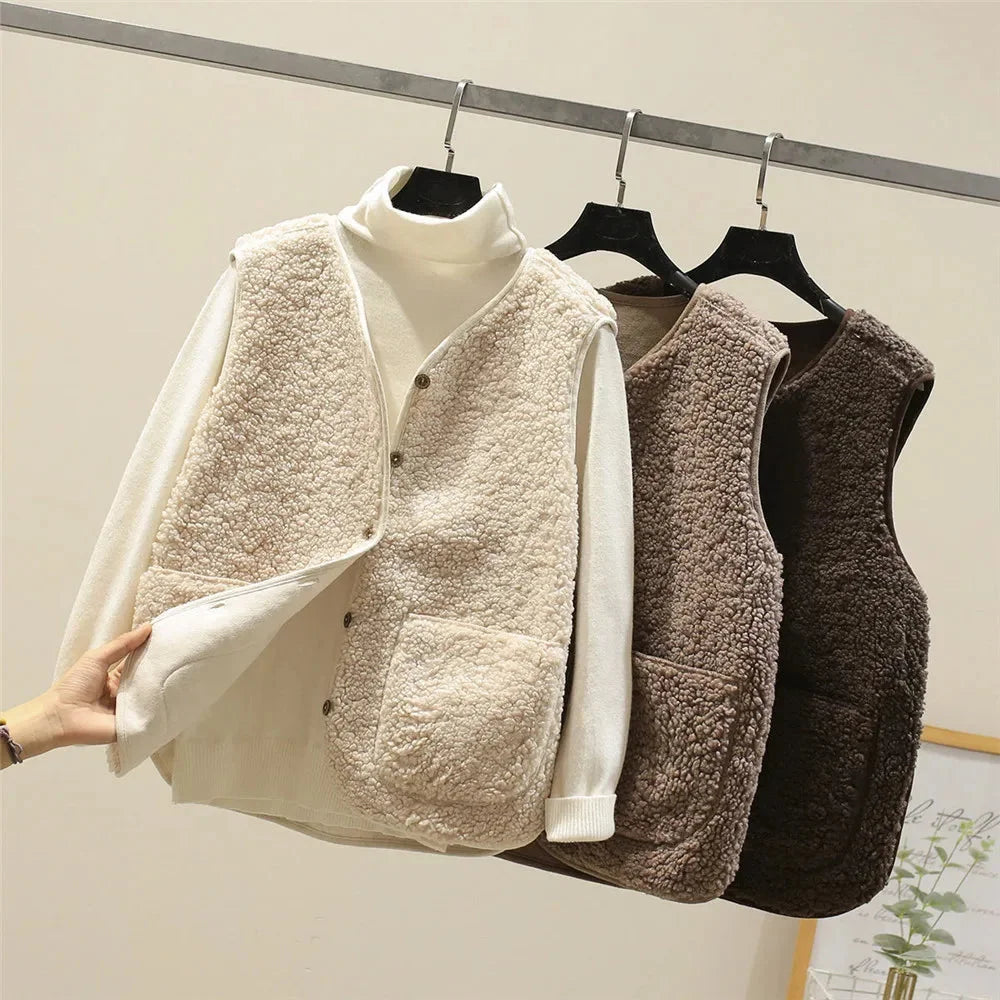 Must-have women's sherpa vest: button-front, V-neck, patch pockets. Essential fall & winter fashion.