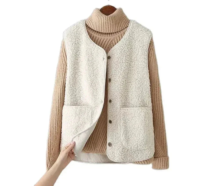 Stay warm with this women's sherpa vest, complete with a button-front, flattering V-neck, & patch pockets.