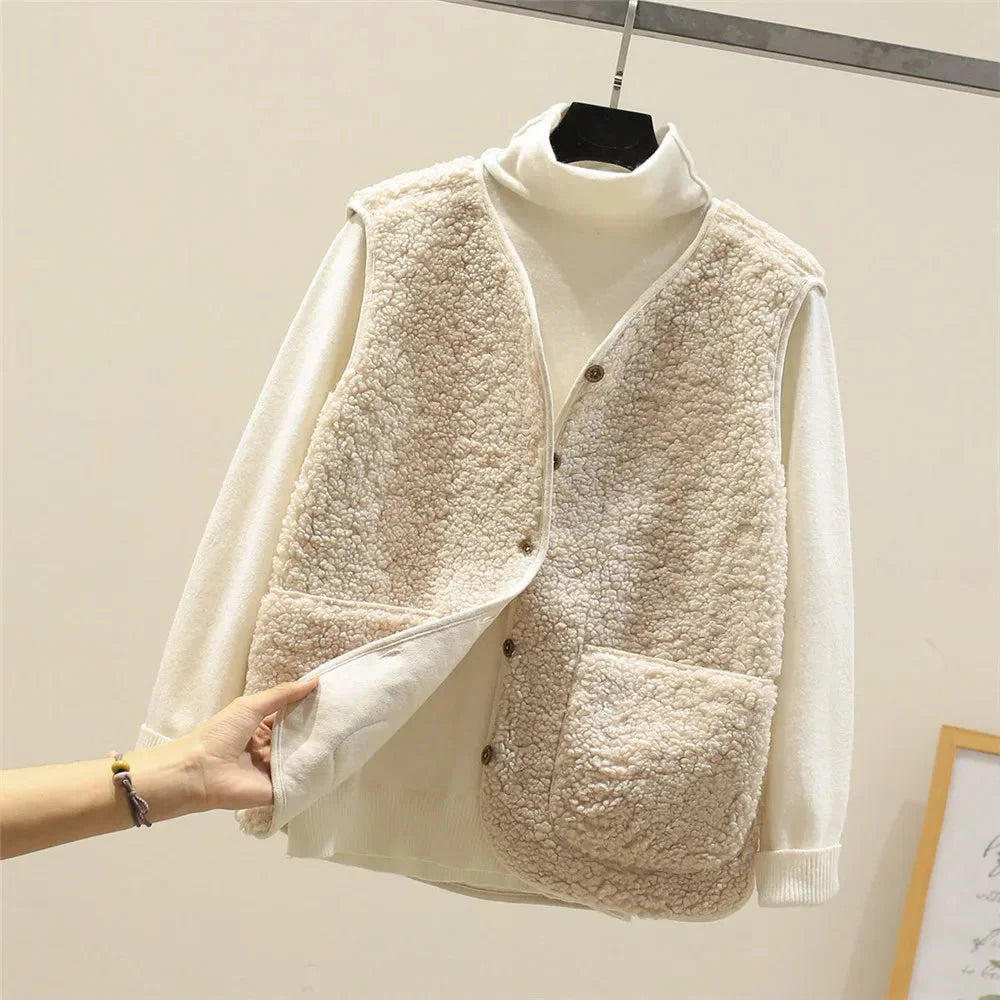 Women's sherpa vest for ultimate warmth. Button-front, V-neck, and convenient patch pockets. Winter style.