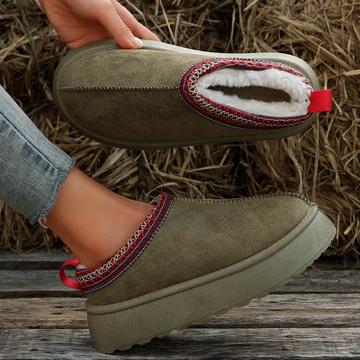 Women's cozy slip-on platform clog slippers in beige, perfect for stylish indoor loungewear and ultimate home comfort.