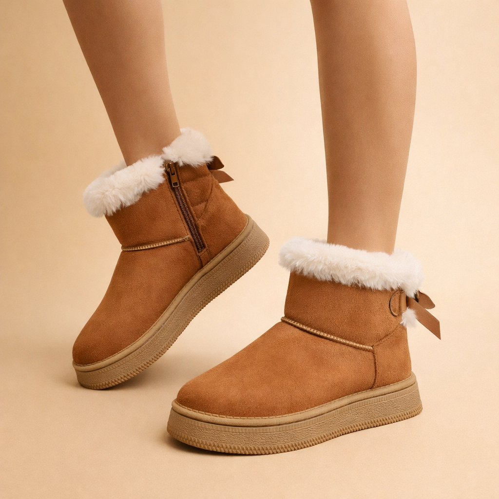 Close-up of women's plush slip-on ankle boots, perfect for fall and winter fashion.