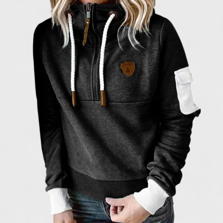 Cozy women's green pullover hoodie, soft fabric and modern zip neck. Comfortable casual loungewear.