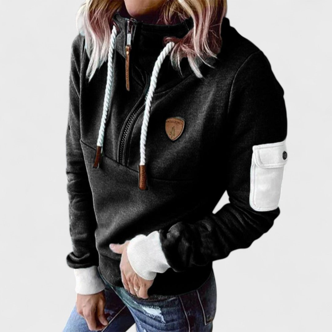 Comfortable black women's hoodie with a modern zip neck. Soft casual loungewear pullover jumper.