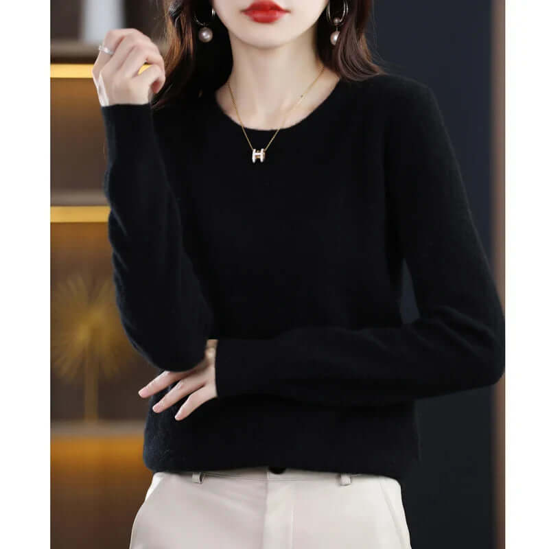 Fashionable warm women's cozy sweater, stylish and comfortable for cold weather.