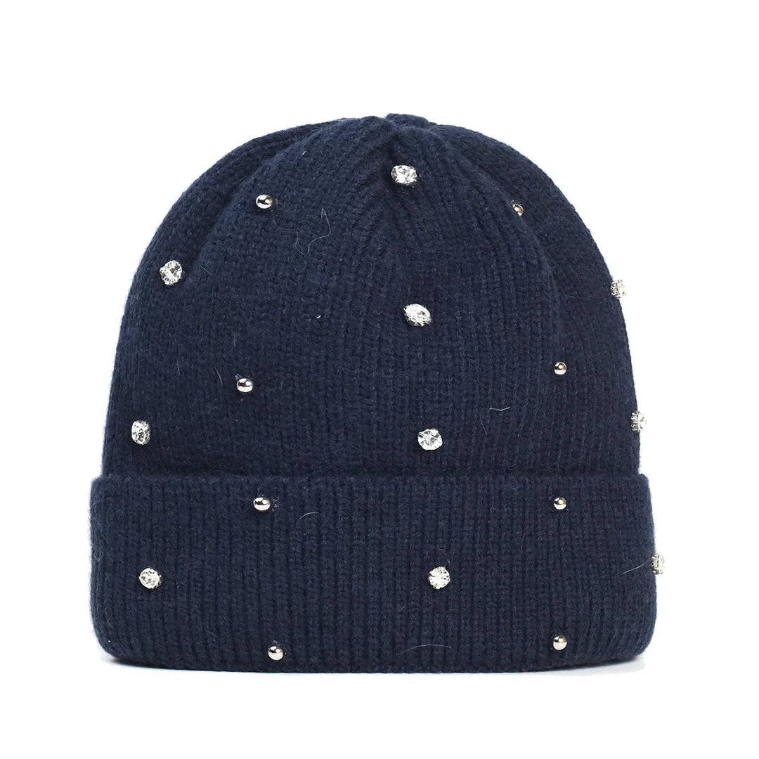 Stylish women's winter hat, a cozy beanie adorned with sparkling rhinestones and a comfortable fold-over cuff.
