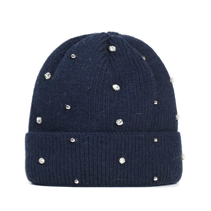 Stylish women's winter hat, a cozy beanie adorned with sparkling rhinestones and a comfortable fold-over cuff.