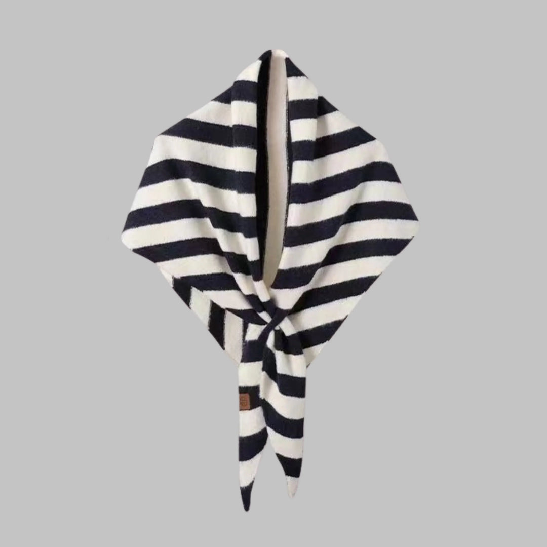 Cozy women's striped triangle shawl wrap. Soft accessory for warmth & elegant layering.