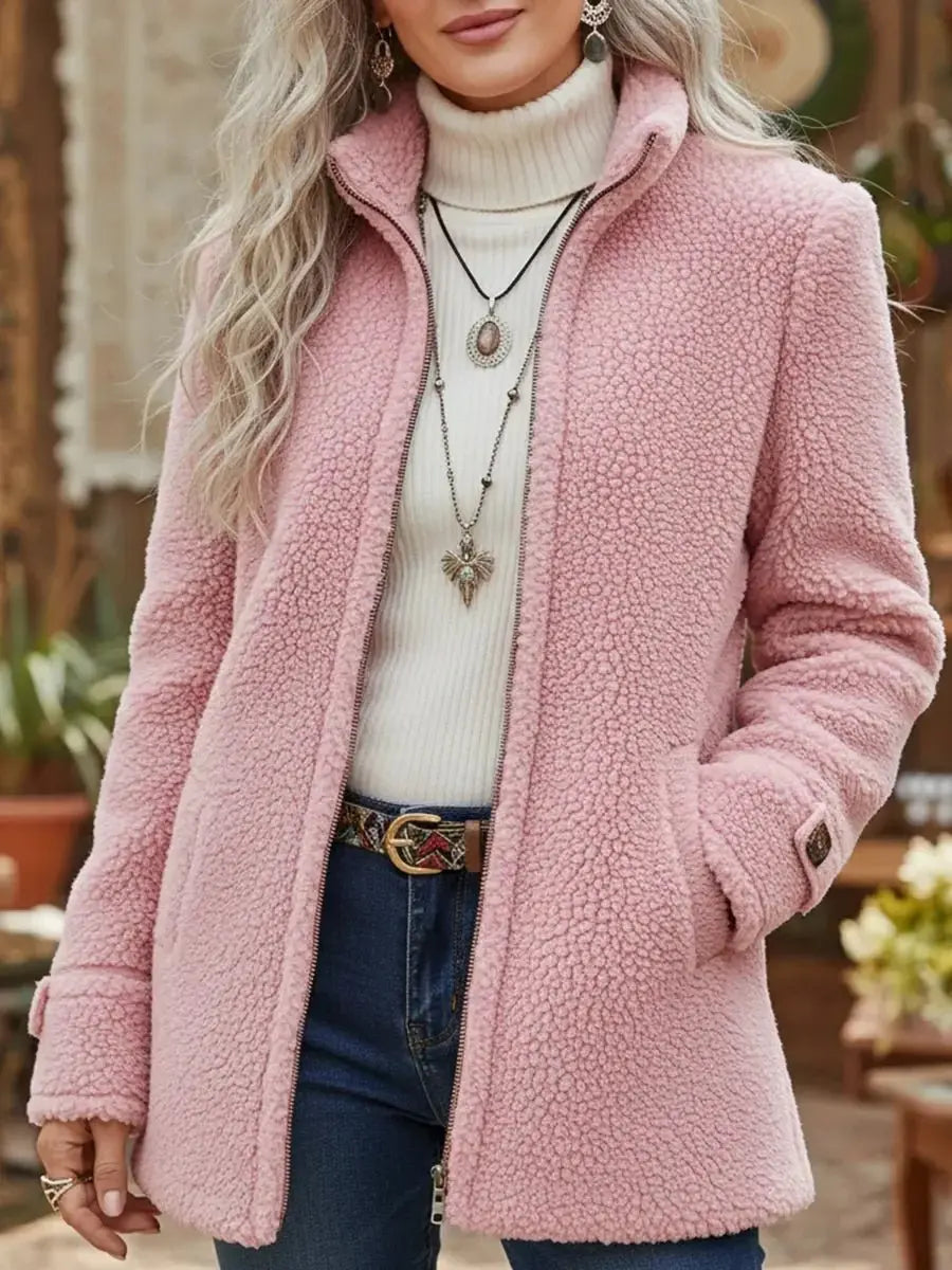 Women's cozy teddy coat with stand collar & zip-up front. Plush fleece jacket for winter warmth & stylish layering.