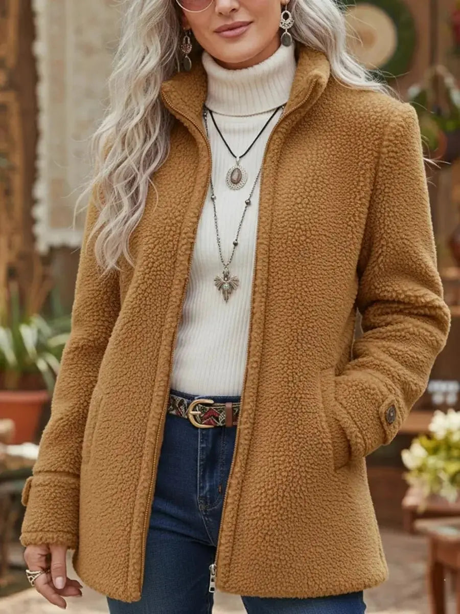 Comfortable women's zip-up teddy coat. Soft fleece stand collar jacket, ideal for everyday cozy winter outerwear.